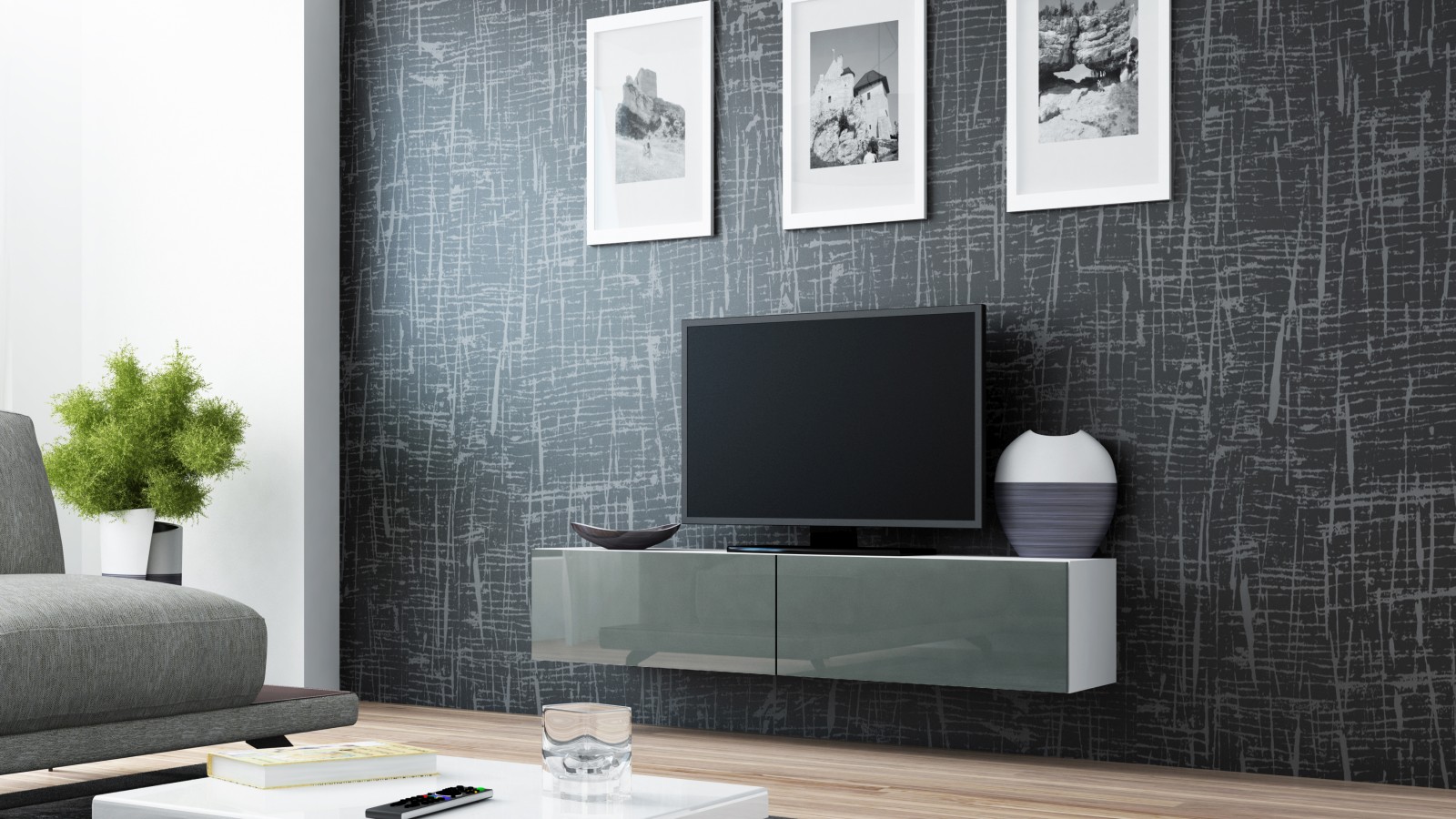 TV stolík Vigo (biela/sivý lesk) 140cm